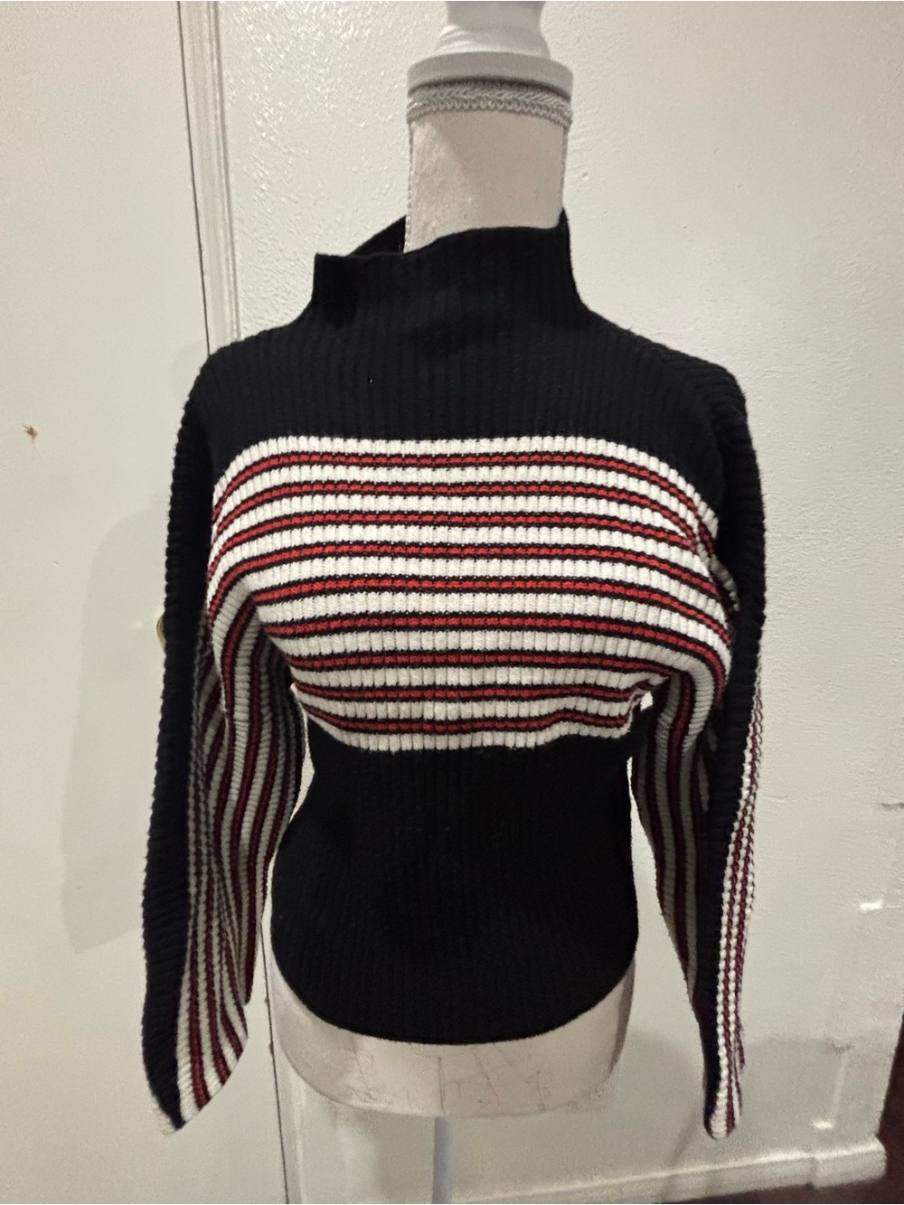 Urban Outfitters Black Knit Turtleneck Sweater with Red and White Stripes - Picture 1 of 7